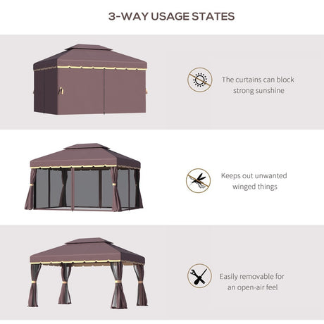 Outsunny 3 x 4m Aluminium Garden Gazebo, Marquee Canopy Shelter Pavilion Party Tent with Nets and Curtains for Garden and Deck, Coffee