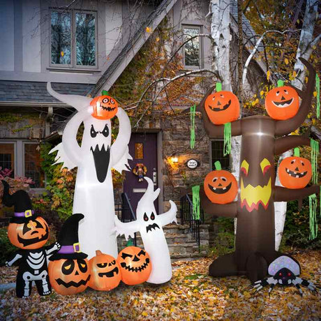 HOMCOM 6FT 1.8m LED Halloween Inflatable Decoration Floating Ghost & Pumpkin Party Outdoors Yard Lawn