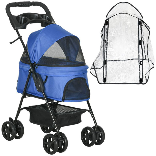 PawHut Dog Stroller with Rain Cover, Dog Pushchair One-Click Fold Trolley Jogger with EVA Wheels Brake Basket Adjustable Canopy Safety Leash for Small Dogs, Blue