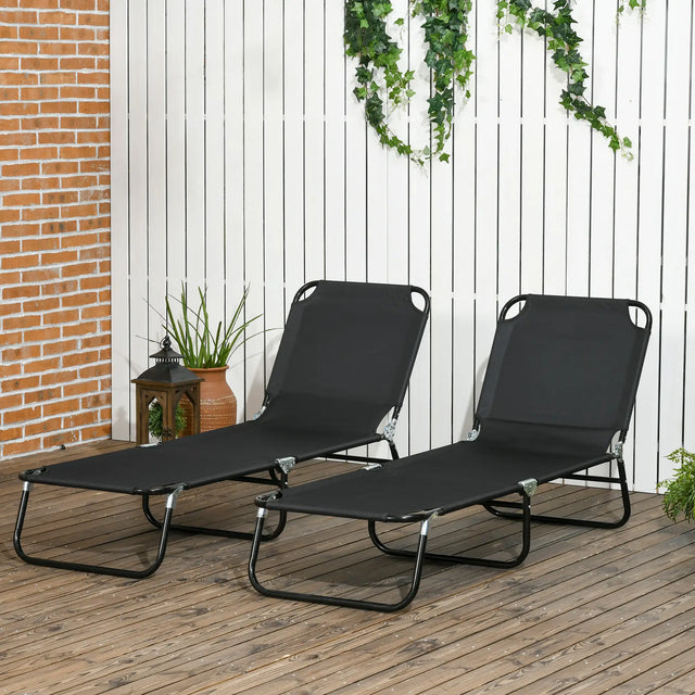 Outsunny Set of Two Metal Frame Folding Sun Loungers - Black
