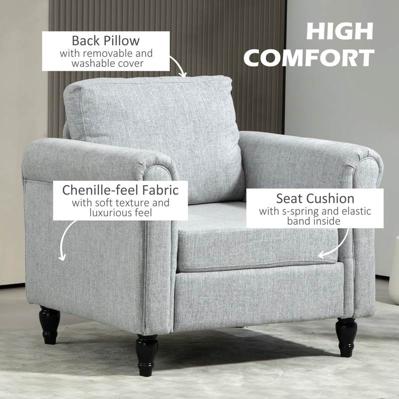 HOMCOM Vintage Accent Chair, Upholstered Occasional Chair with Back Pillow, Rolled Arms, Rubber Wood Legs, Light Grey