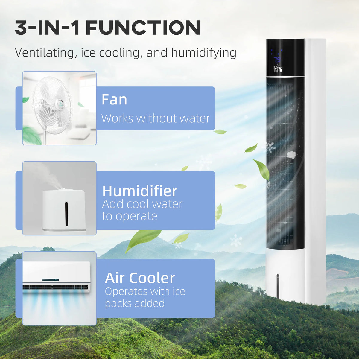 HOMCOM Portable Air Cooler, 3L Tank Evaporative Ice Cooling Tower Fan with 3 Modes, 3 Speeds, Remote, Timer, 60 Oscillating, Portable Swamp Cooler for Home Bedroom, White