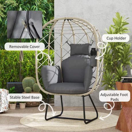 Outsunny Rattan Egg Chair Outdoor Indoor Wicker Chair with Thickened Cushion and Headrest, Standing Garden Egg Chair with Cup Holder, Metal Frame for Patio, Balcony, Grey