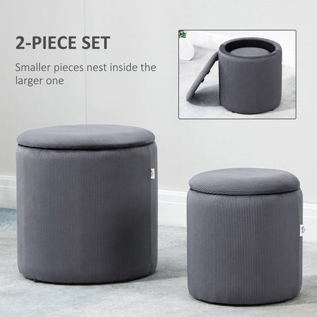 HOMCOM Modern Storage Ottoman with Removable Lid, Fabric Storage Stool, Foot Stool, Dressing Table Stool, Set of 2, Grey