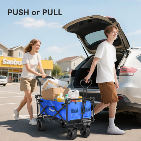 Outsunny Folding Trolley Cart Storage Wagon Beach Trailer 4 Wheels with Handle Overhead Canopy Cart Push Pull for Camping, Blue