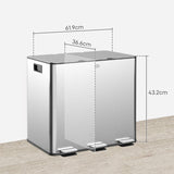 HOMCOM 3 x 15L Pedal Bin, Steel Triple Kitchen Bin with Soft Close Lid, Removable Inner Buckets, Fingerprint-Proof, Silver