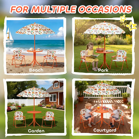 AIYAPLAY Kids Patio Set, Children Table and Chair Set, Outdoor Picnic Table with 2 Folding Chairs and Umbrella, Orange