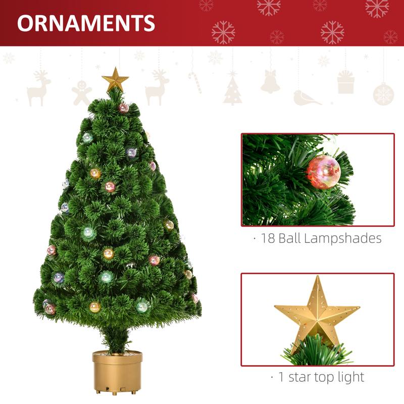 HOMCOM 4FT Prelit Artificial Christmas Tree with Fibre Optics, Baubles Decoration, Golden Pot for Holiday, Home - Green