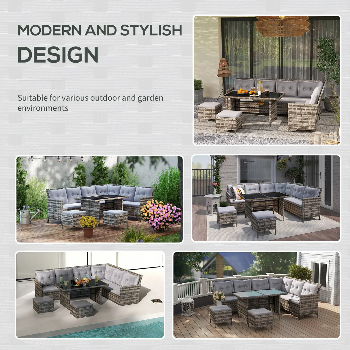 Outsunny 8 Seater Patio wicker Sofa Set ,Outdoor Couch with Table & Cushions, Grey
