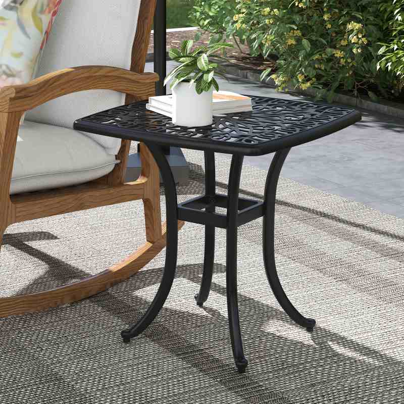 Outsunny Cast Aluminium Bistro Table, Outdoor Square Side Table with Umbrella Hole, Garden Table for Balcony, Black