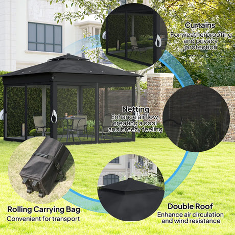 Outsunny 3.36 x 3.36m Pop Up Gazebo Party Tent with Solar-Powered LED Lights, Adjustable Event Shelter with Netting, Black