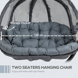 Outsunny Double Hanging Egg Chair 2 Seaters Texteline Swing Hammock Chair with Stand, Cushion and Folding Design, for Indoor and Outdoor, Grey