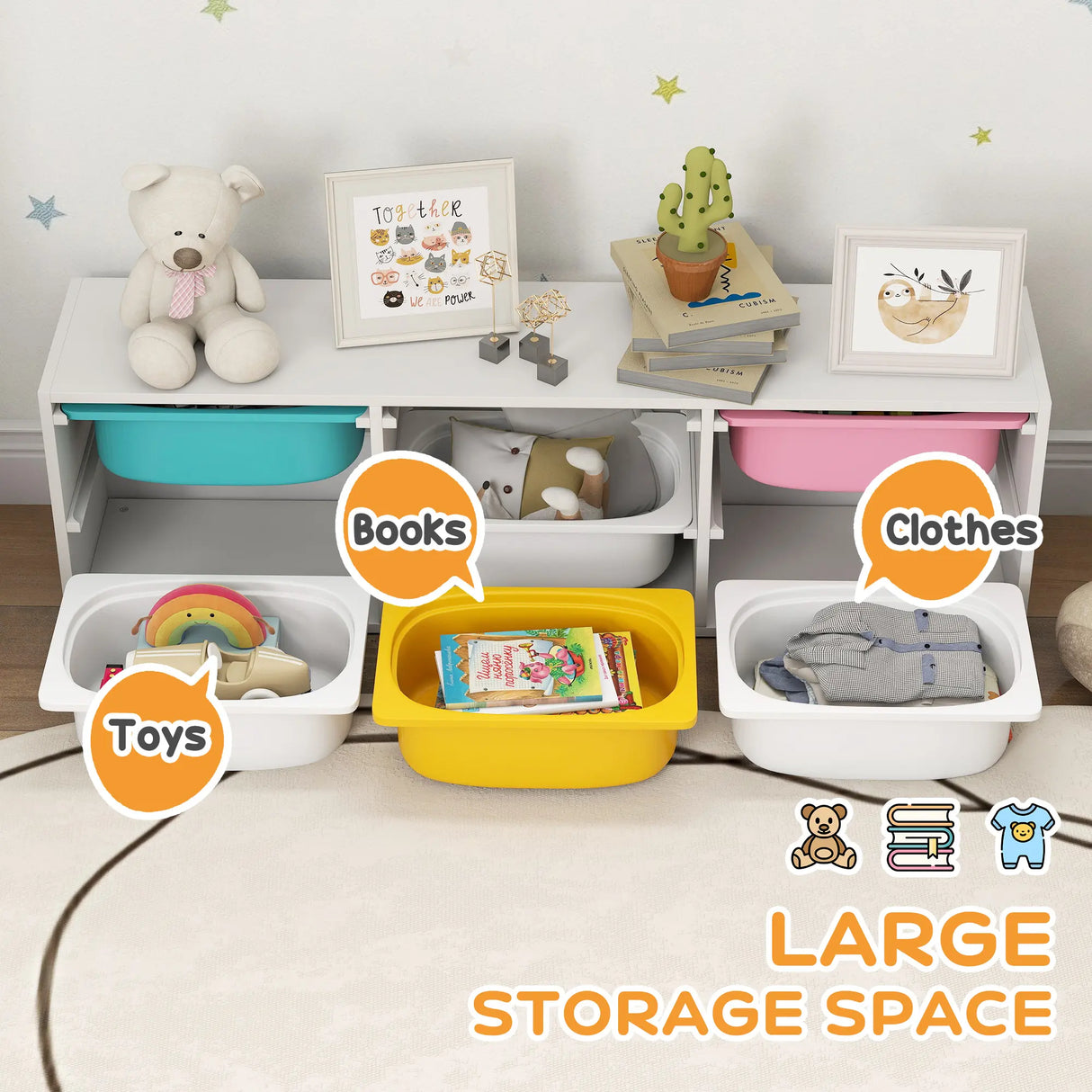 AIYAPLAY Low Height 2 Tiers Storage Organiser, Kids Toy Storage Unit with 6 Removable Bins for Bedroom, Nursery, Playroom