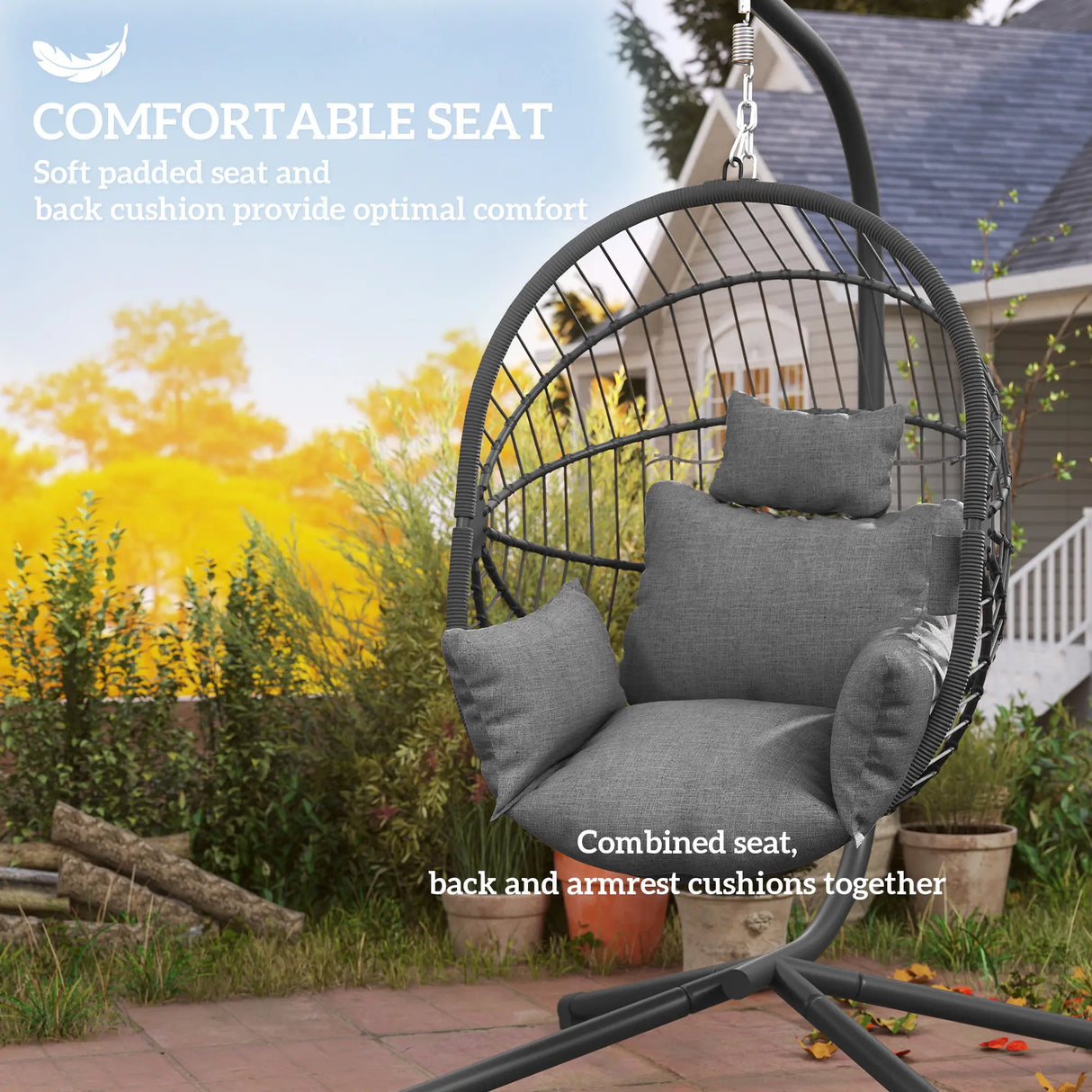 Outsunny Metal Stand Hanging Egg Chair, with Full Body Padded Seat - Grey