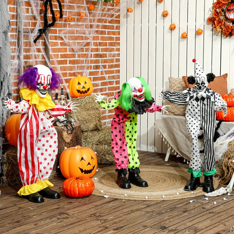 Outsunny Life Size Stackable Halloween Animated Clown with Red Light Up Eyes, Sound Activated Scary Halloween Decorations, Battery Operated, Indoor Party Props