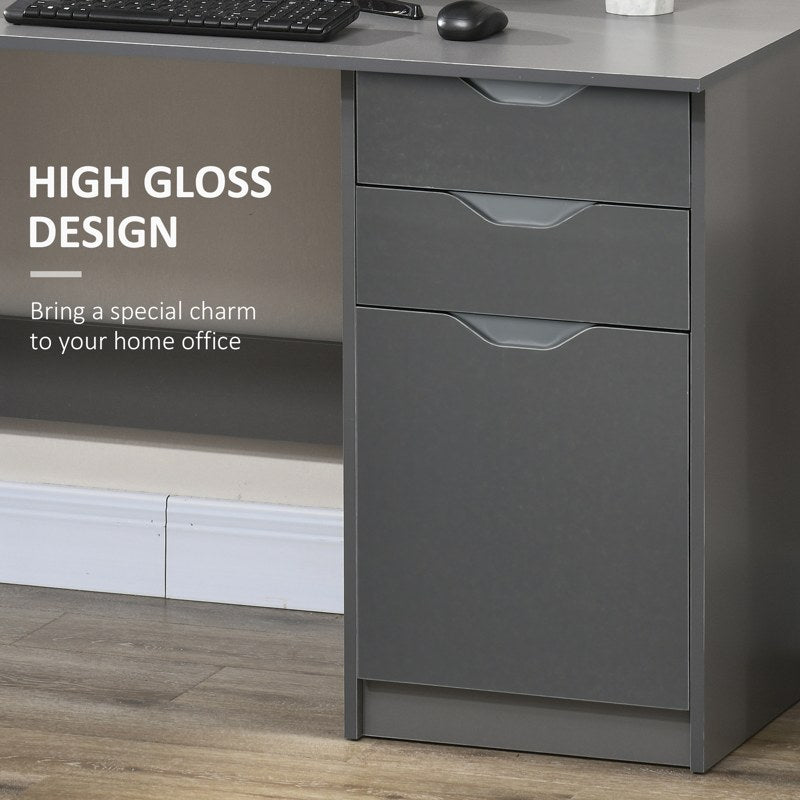 HOMCOM Computer Desk with Drawers, High Gloss Home Office Desk with Storage Cabinet, Study Workstation, 120 x 60cm, Grey