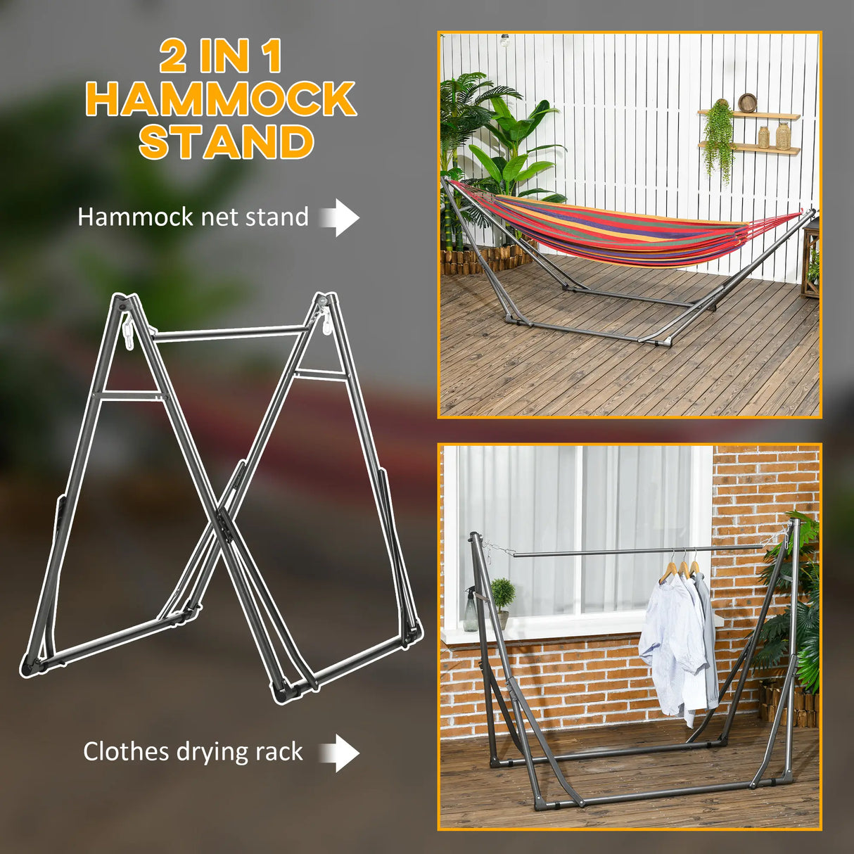 Outsunny Foldable Hammock Stand, Portable Hammock with Metal Frame, 2 in 1 Hammock Net Stand, Clothes Drying Rack, Load Capacity 120kg, for Patio, Garden, Yard, Black