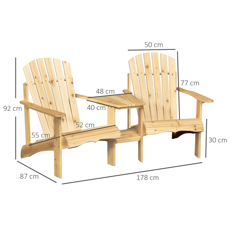 Outsunny Wooden Outdoor Double Adirondack Chairs Loveseat w/ Centre Table and Umbrella Hole, Garden Patio Furniture for Lounging and Relaxing, Natural