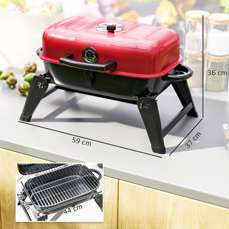 Outsunny Charcoal Barbecue Grill Folding BBQ Grill with 1232 cm2 Cooking Area, Adjustable Vent, Thermometer, Handles for Camping Picnic, Red