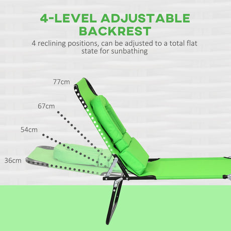 Outsunny Folding Sun Loungers Set of 2 with Face Hole, 4-Position Adjustable Backrest Garden Recliner Chairs Sunbeds, Outdoor Lounge Chairs with 600 D Oxford Cloth Seat, Pillow for Beach, Green