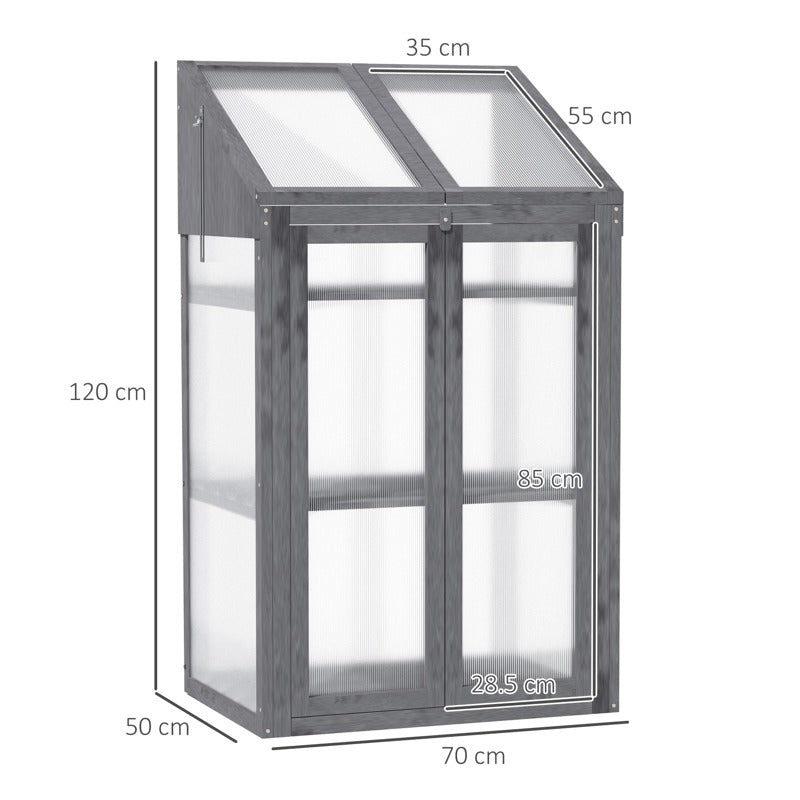 Outsunny Wooden Cold Frame Polycarbonate Greenhouse with Openable Top Cover and Double Door, Grow House for Flower, Vegetable and Plants, 70 x 50 x 120cm, Grey