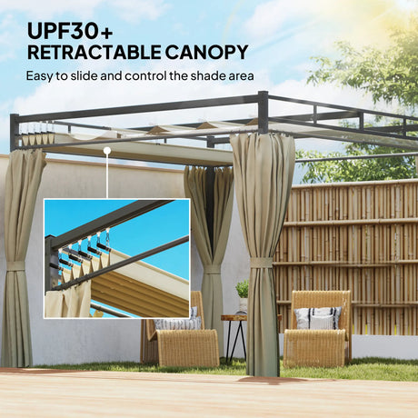Outsunny 3 x 3 m Pergola with Retractable Roof Canopy and Curtains, UPF30+ Metal Frame Garden Pergola Gazebo Sun Shade, Khaki