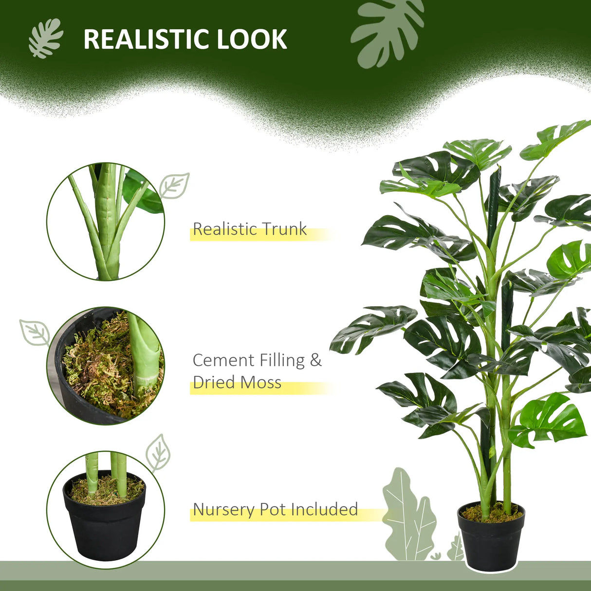 Outsunny 100cm/3.3FT Artificial Monstera Tree Decorative Cheese Plant 21 Leaves with Nursery Pot, Fake Tropical Palm Tree for Indoor Outdoor Dcor, Set of 2