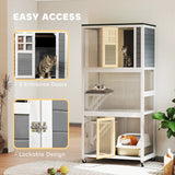 PawHut Wooden Catio Cat Outdoor Enclosure, Cat Cage with Waterproof Roof, Platforms, for Multiple Cats, White