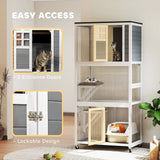 PawHut Wooden Catio Cat Outdoor Enclosure, Cat Cage with Waterproof Roof, Platforms, for Multiple Cats, White