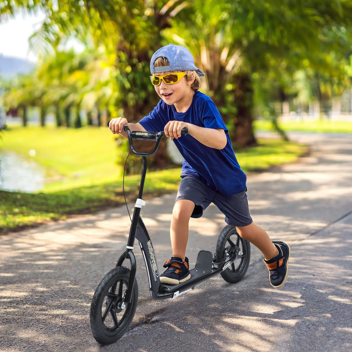 HOMCOM Kids Scooter Kick Scooter, with 12" EVA Tyres, Rear Brake, Big Wheels Scooter for 5-12 Years , Black