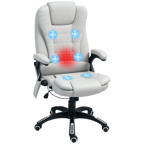 HOMCOM Executive Office Chair with Massage and Heat, High Back PU Leather Massage Office Chair with Adjustable Height, Light Grey