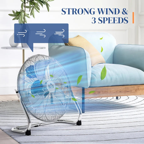 HOMCOM 20 Inches Chrome Metal Floor Fan, High Power 3-Speed Home Gym with Adjustable Head, Portable Desk & Table Fan for Home Office, Powerful Airflow, Quiet Operation