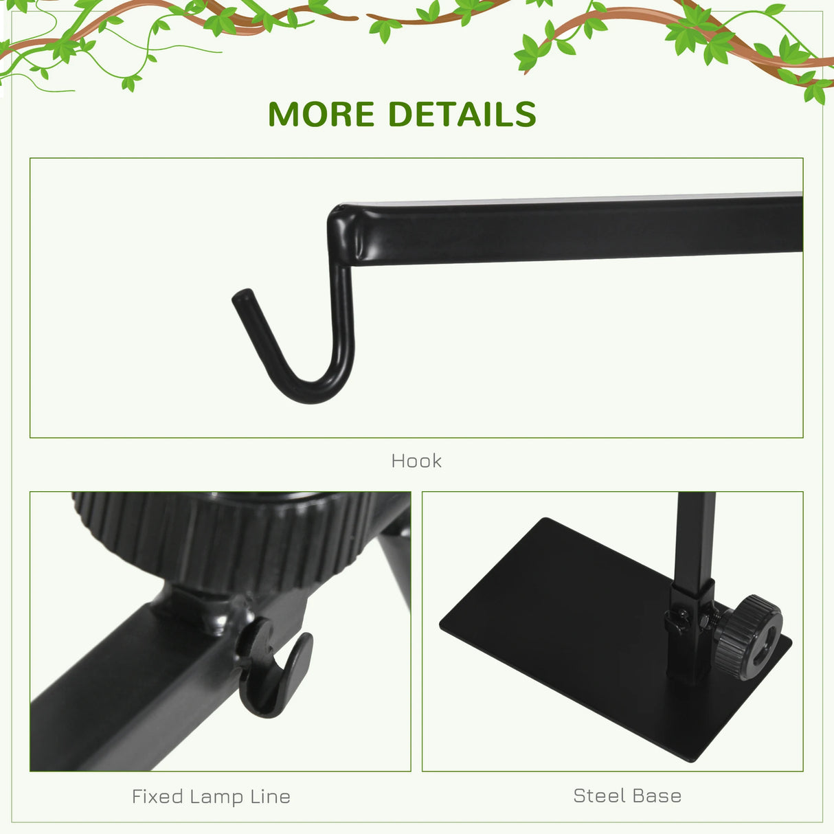 PawHut Adjustable Height and Length Reptile Lamp Stand Holder with Hook Hanging, Base - Black