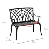 Outsunny 2-Seater Cast Aluminium Garden Bench Loveseat Outdoor Furniture Chair w/ Decorative Backrest & Ergonomic Armrest for Patio Terrace Porch