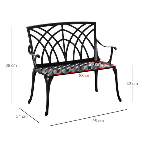 Outsunny 2-Seater Cast Aluminium Garden Bench Loveseat Outdoor Furniture Chair w/ Decorative Backrest & Ergonomic Armrest for Patio Terrace Porch