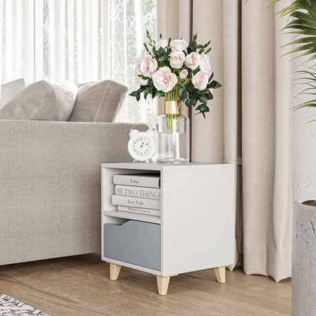 HOMCOM Modern Bedside Table, Side End Table with Shelf, Drawer and Wood Legs, 36.8cmx33cmx43.8cm, White and Grey