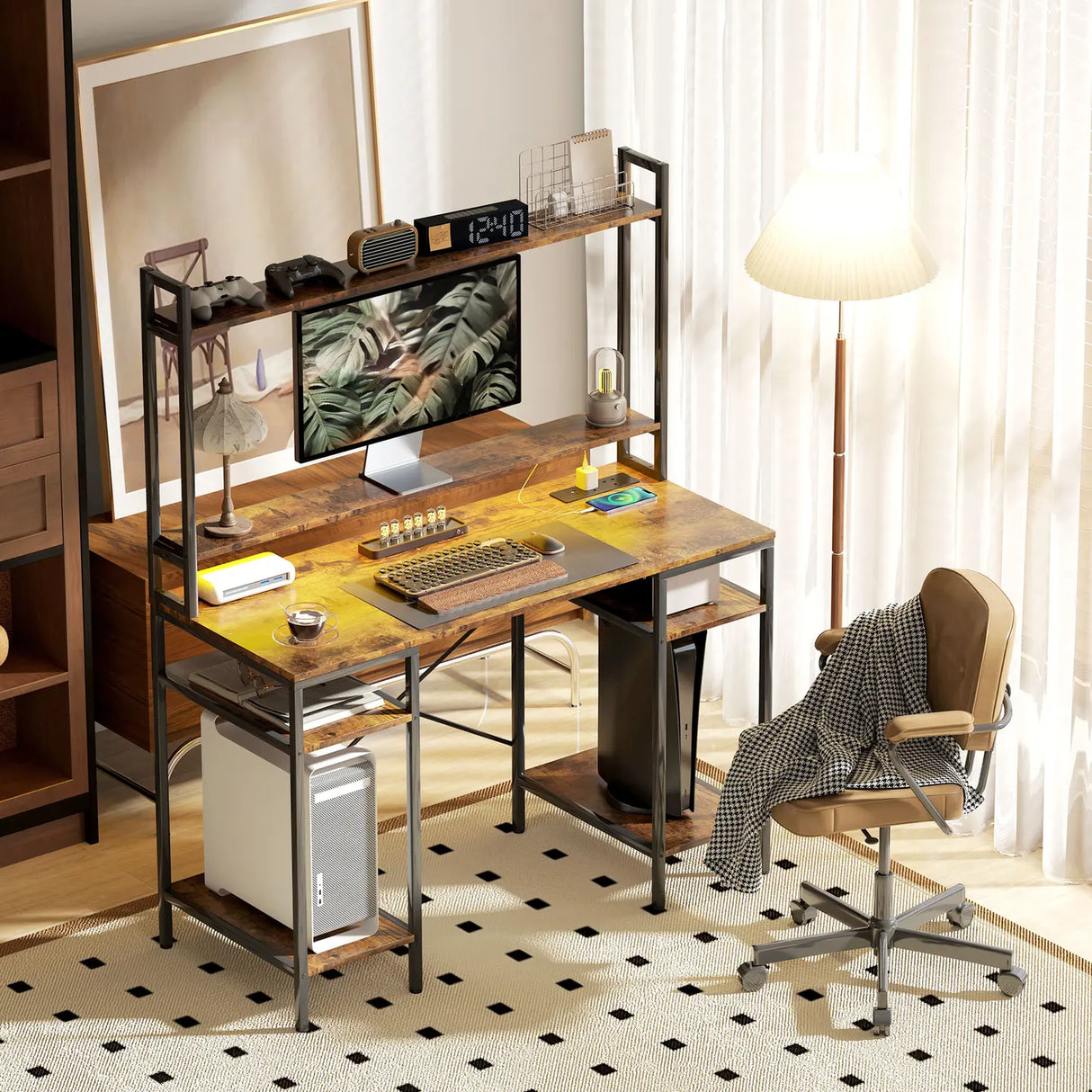 HOMCOM Computer Desk with Power Outlets and LED Lights, Home Office Desk with Monitor Stand, 2 CPU Stands and Storage Shelves, Study Table Gaming Desk with Hutch, Rustic Brown