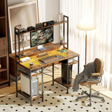 HOMCOM Computer Desk with Power Outlets and LED Lights, Home Office Desk with Monitor Stand, 2 CPU Stands and Storage Shelves, Study Table Gaming Desk with Hutch, Rustic Brown