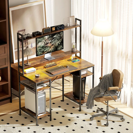 HOMCOM Computer Desk with Power Outlets and LED Lights, Home Office Desk with Monitor Stand, 2 CPU Stands and Storage Shelves, Study Table Gaming Desk with Hutch, Rustic Brown