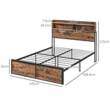 HOMCOM Industrial Double Bed Frame, 4.8FT Steel Bed Base with Storage Headboard, Footboard, Slatted Support and Under Bed Storage, 145 x 209cm, Rustic Brown