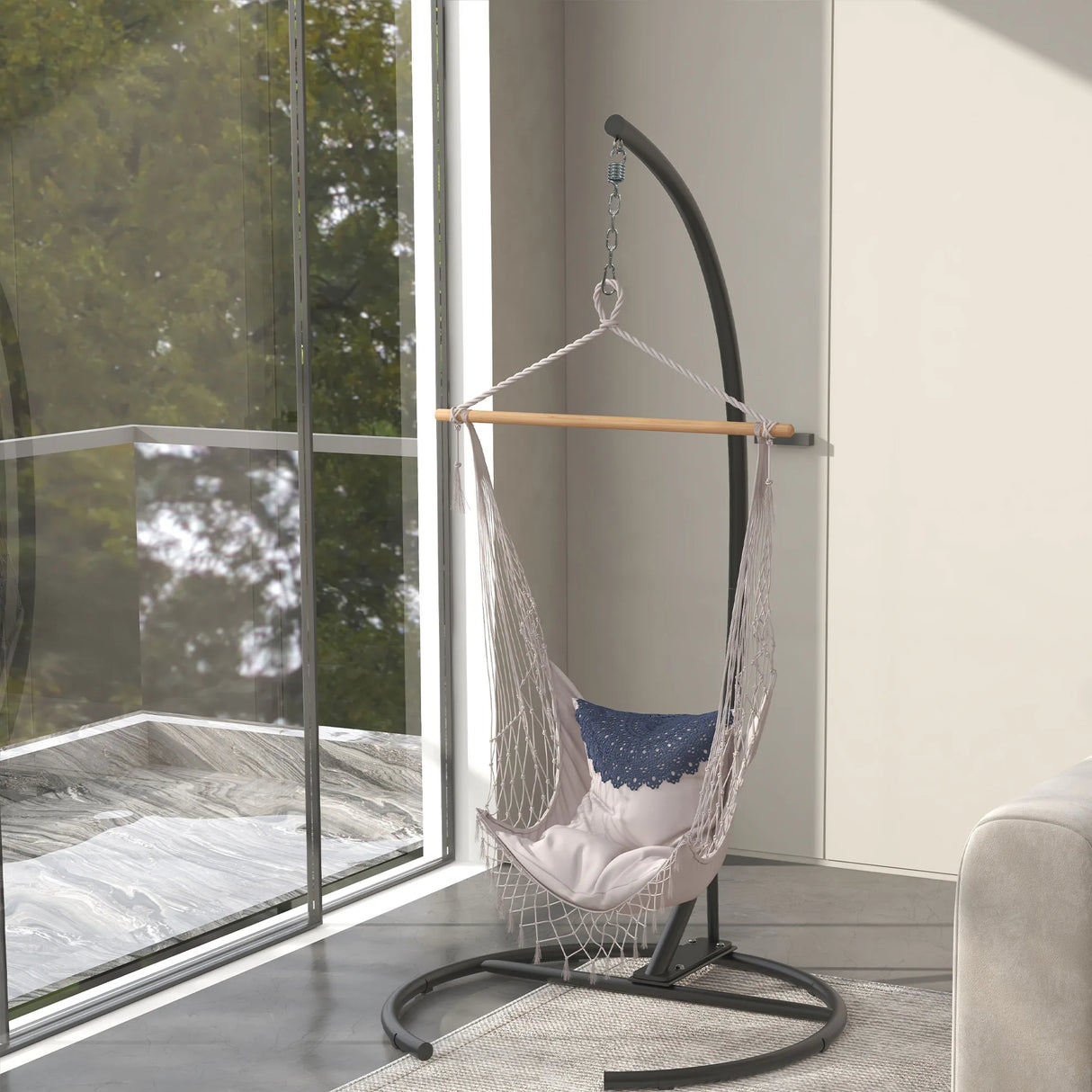 Outsunny Hanging Hammock Chair Stand with Round Base, C Hanging Swing Stand Frame for Swing/Egg/Hammock Chair, Indoor & Outdoor, Heavy Duty 330 lbs, Black