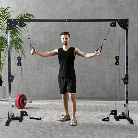 SPORTNOW Multi Home Gyms with Cable Pulley System, Cable Crossover Machine with 4 Handles for Full Body Strength Training, Power Rack for Home Workout, Black