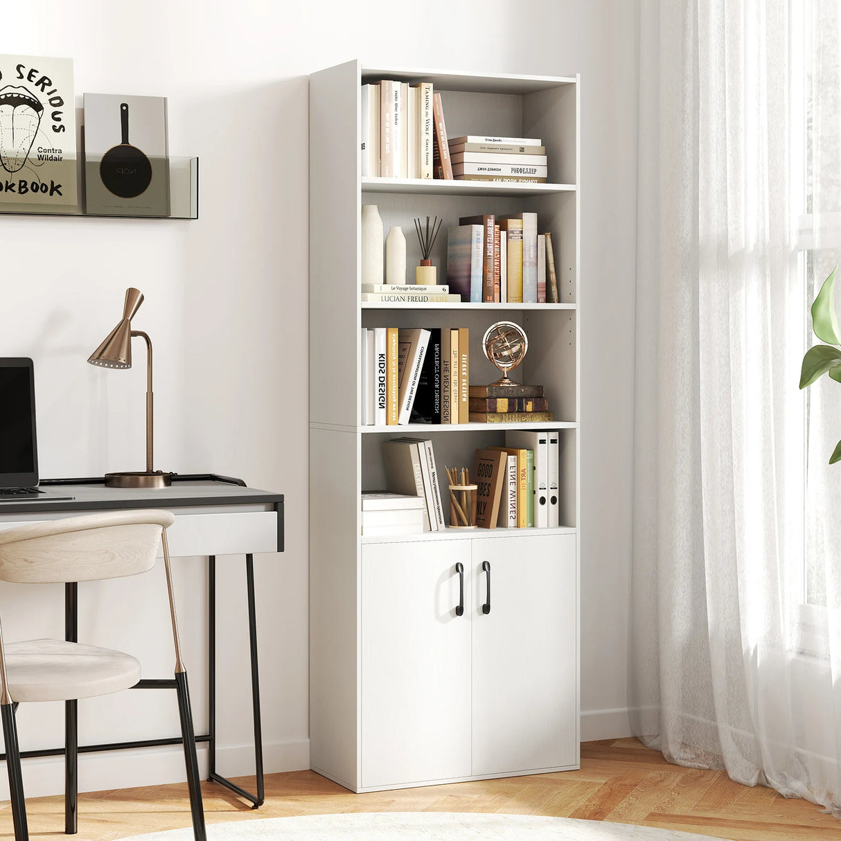 6-tier Modern Style Bookcase with Adjustable Shelves-White
