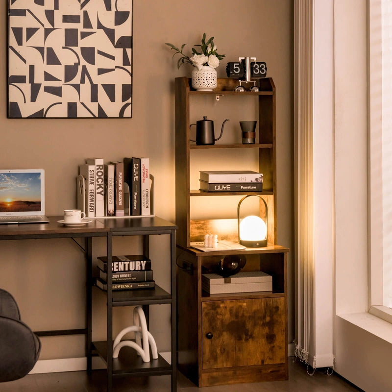 6-Tier Nightstand with Charging Station Tall with Shelf and Cabinet-Rustic Brown