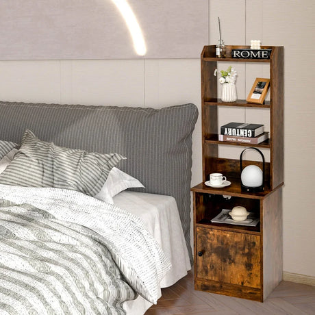 6-Tier Nightstand with Charging Station Tall with Shelf and Cabinet-Rustic Brown