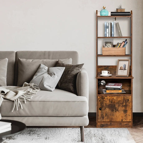 6-Tier Nightstand with Charging Station Tall with Shelf and Cabinet-Rustic Brown