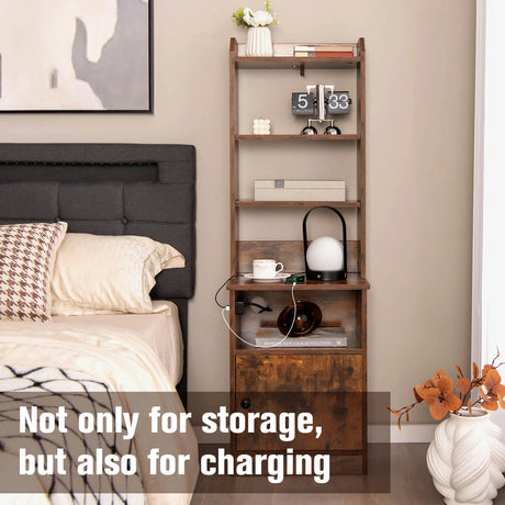6-Tier Nightstand with Charging Station Tall with Shelf and Cabinet-Rustic Brown