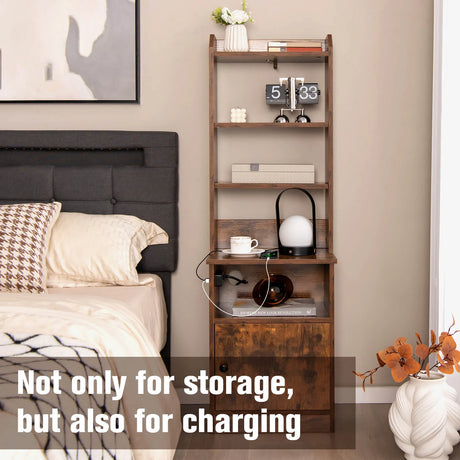 6-Tier Nightstand with Charging Station Tall with Shelf and Cabinet-Rustic Brown
