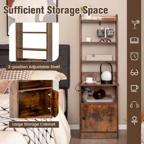 6-Tier Nightstand with Charging Station Tall with Shelf and Cabinet-Rustic Brown