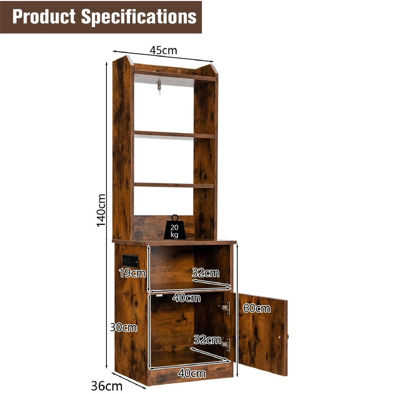 6-Tier Nightstand with Charging Station Tall with Shelf and Cabinet-Rustic Brown